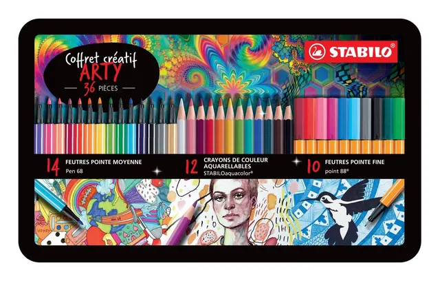 stabilo-arty-zeichenset-36er-metalletui-pen-68-aquacolor-point-88 image 1