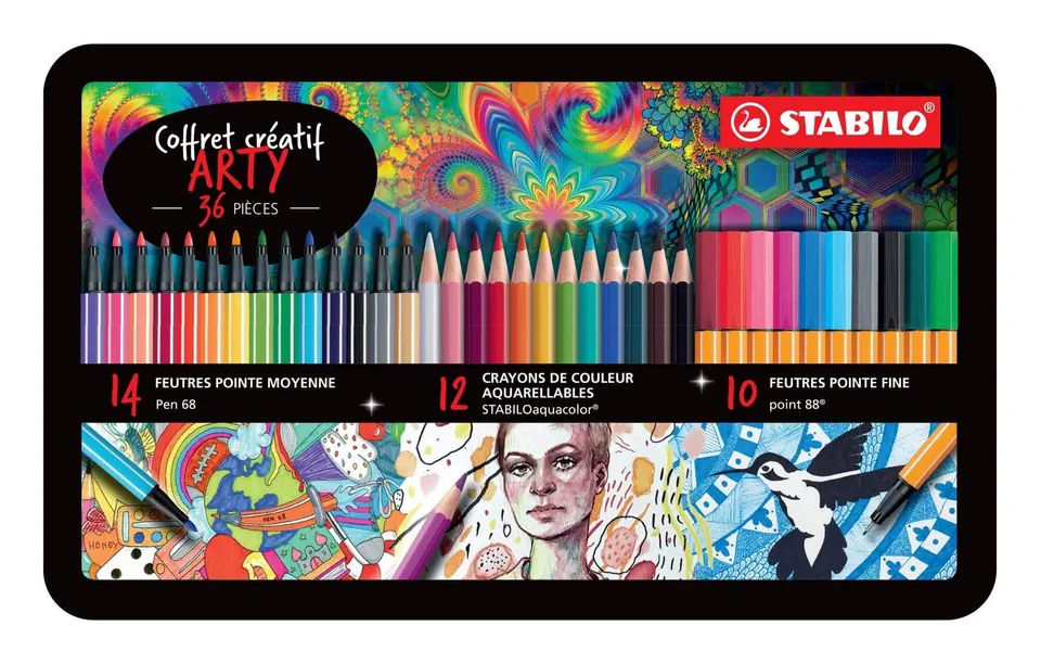 stabilo-arty-zeichenset-36er-metalletui-pen-68-aquacolor-point-88 image 1