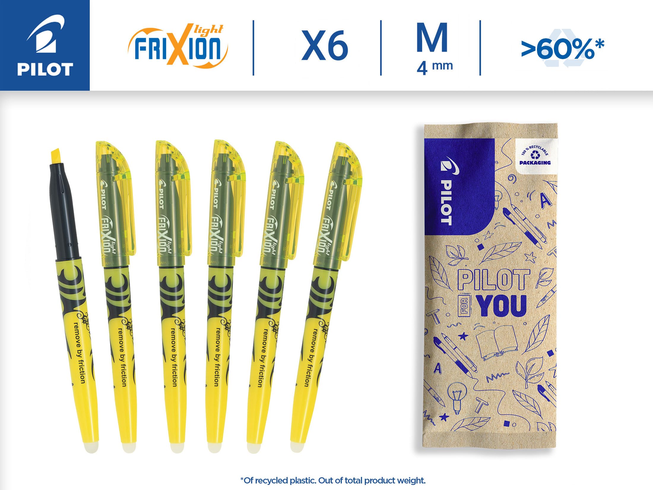 pilot-frixion-light-textmarker-6er-set-radierbar-gelb image 2
