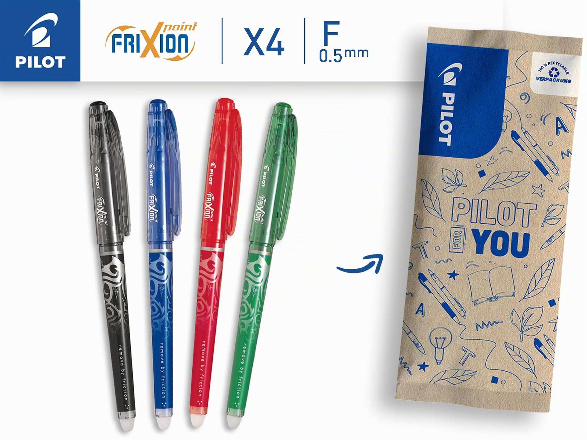 pilot-frixion-point-tintenroller-0-5-mm-4er-set-schwarz-blau-rot-gr-n image 2