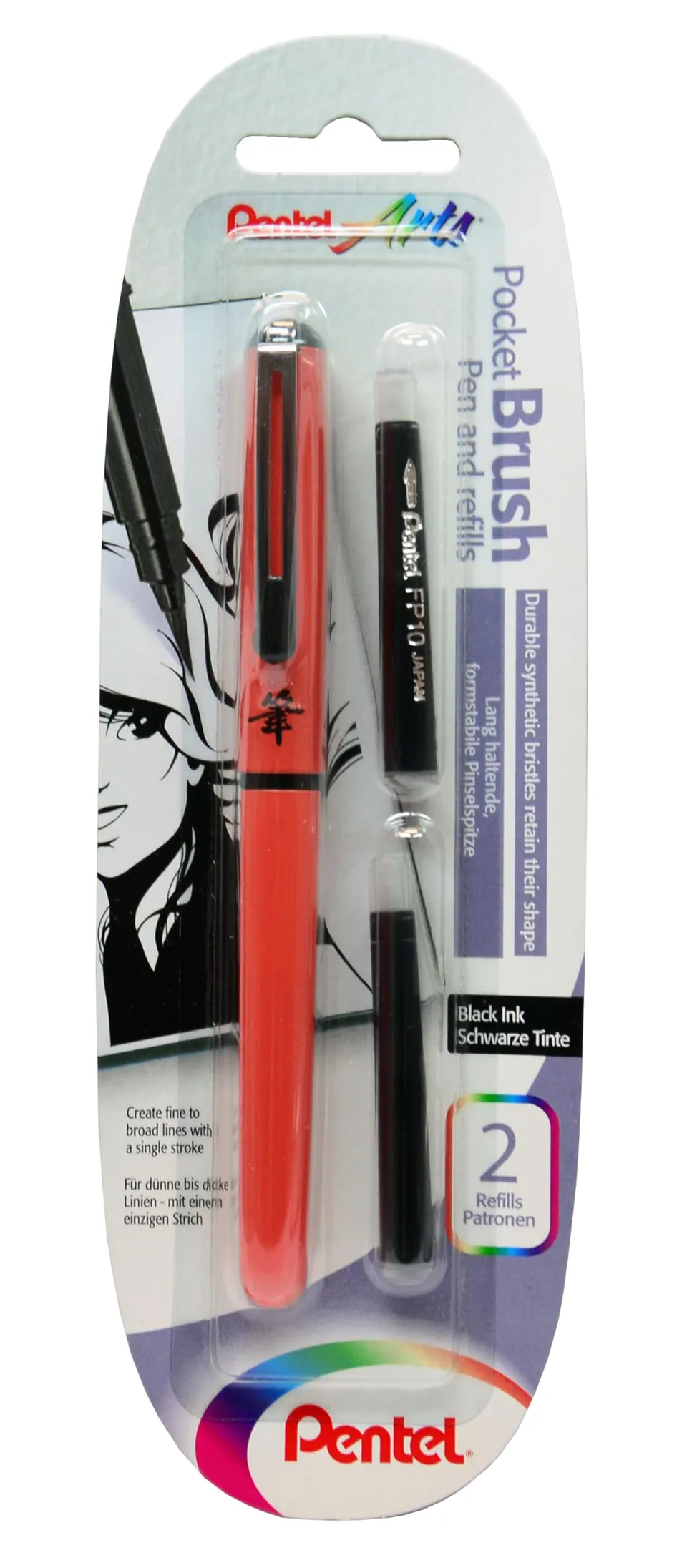 pentel-pocket-brush-pinselstift-orange-schwarz-2-patronen-fp10 image 1