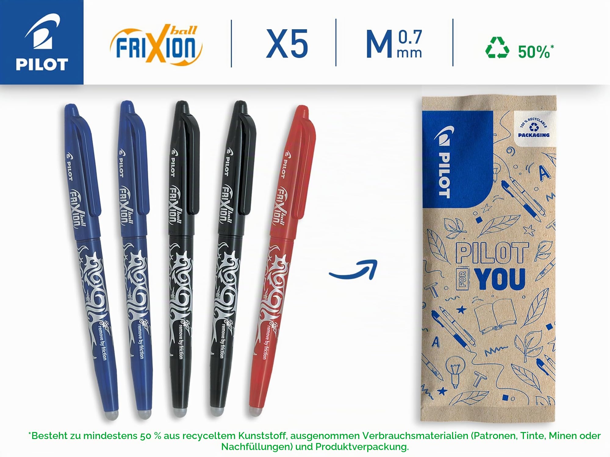 pilot-frixion-ball-0-7-tintenroller-set-5-st-ck-2x-blau-schwarz-1x-rot image 2