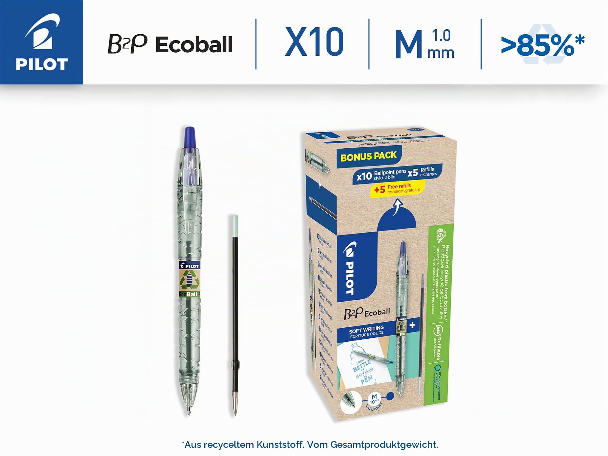 pilot-b2p-ecoball-kugelschreiber-blau-1-0-mm-10er-set-5-minen-5-gratis image 2
