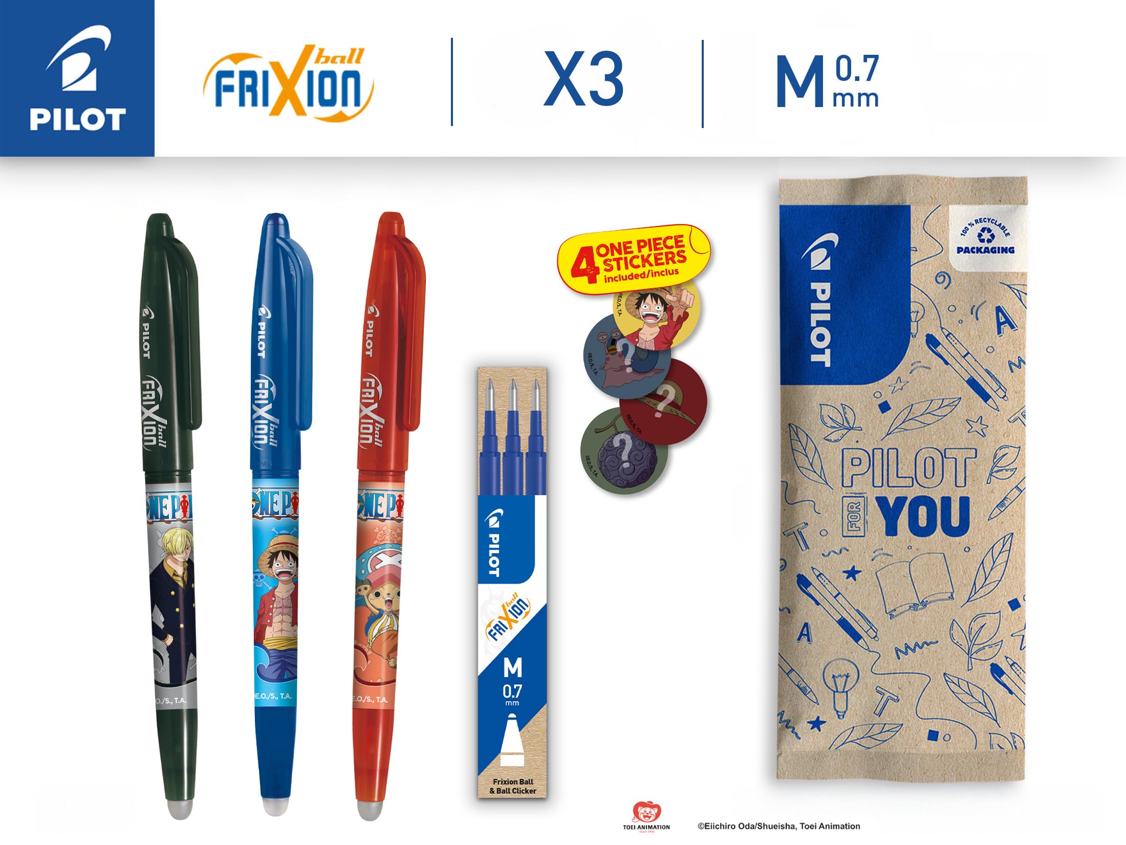 pilot-x-one-piece-frixion-ball-0-7-mm-3er-set-minen-sticker-limitiert image 2
