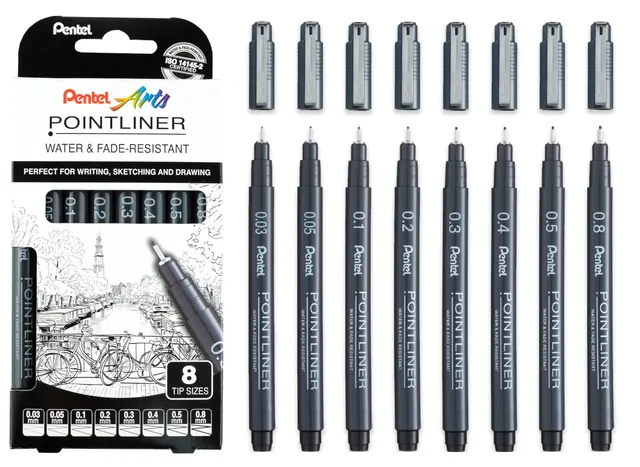 pentel-pointliner-ys20p-8-fineliner-8er-set-schwarz-0-03-0-8-mm image 1