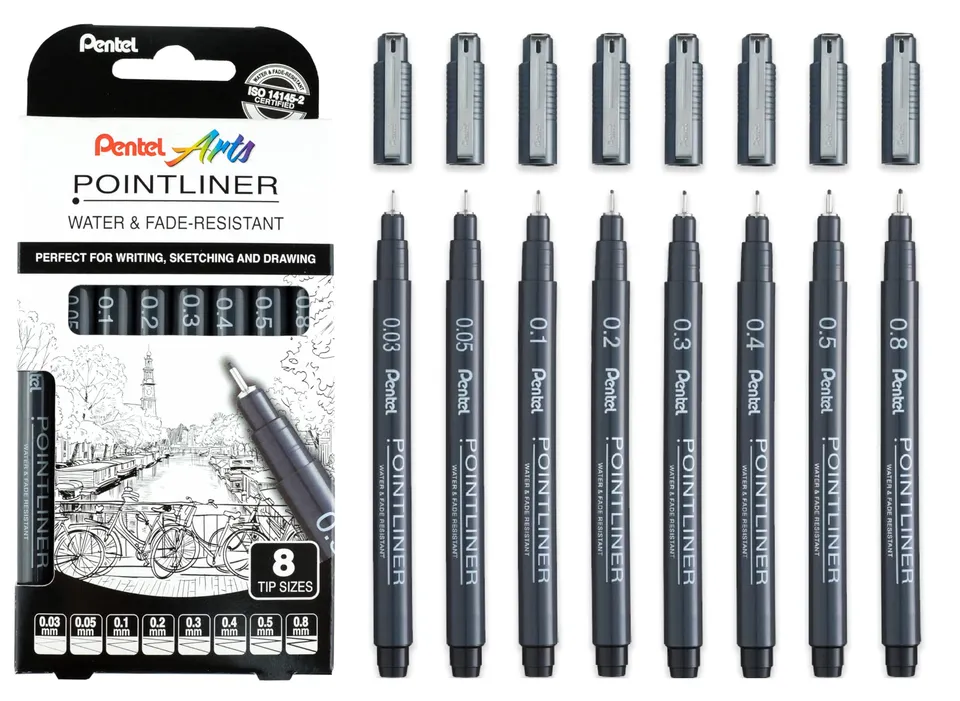pentel-pointliner-ys20p-8-fineliner-8er-set-schwarz-0-03-0-8-mm image 1
