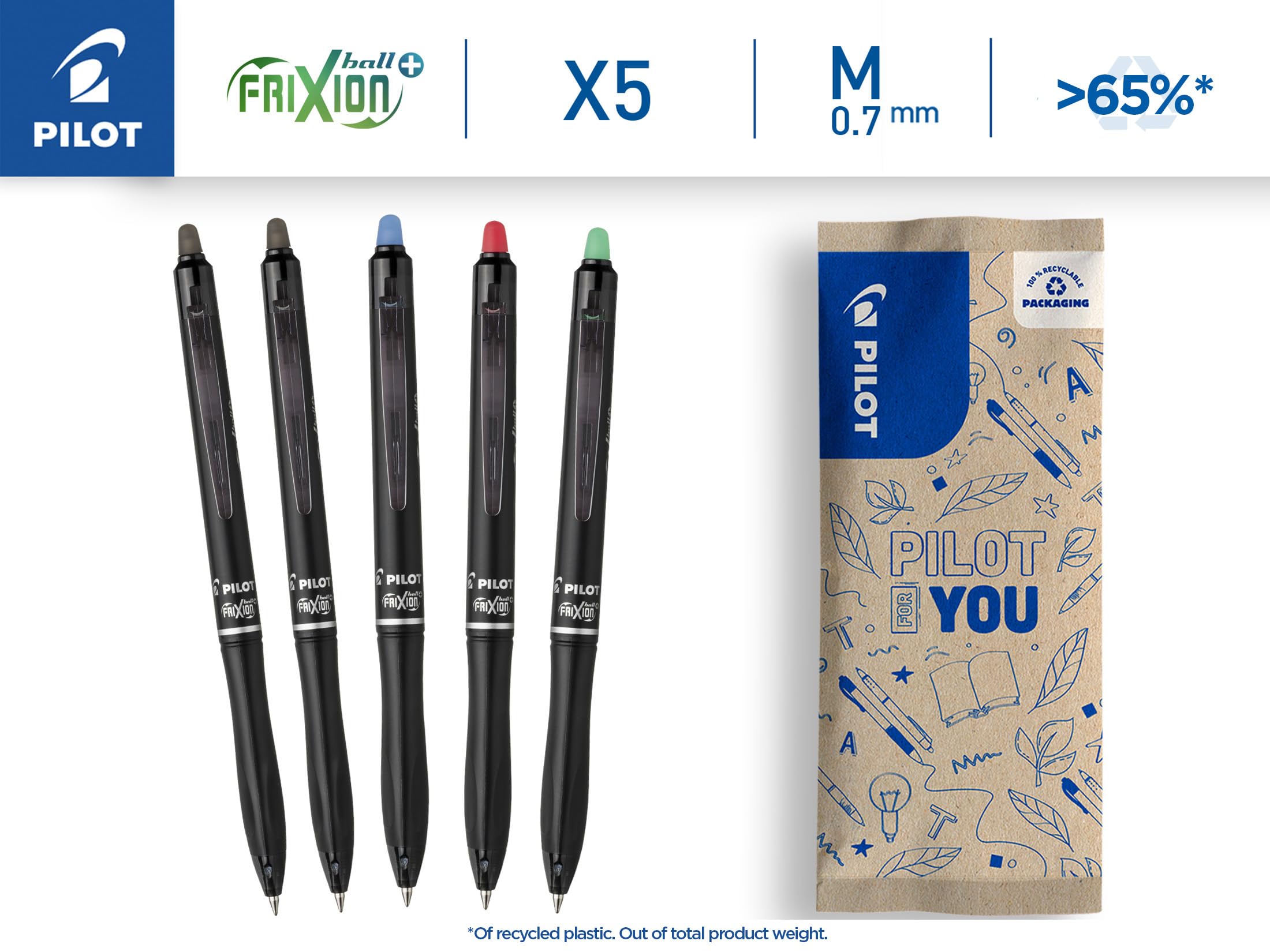 pilot-frixion-ball-plus-5er-set-mix-2x-schwarz-blau-rot-gr-n-0-7-mm image 2