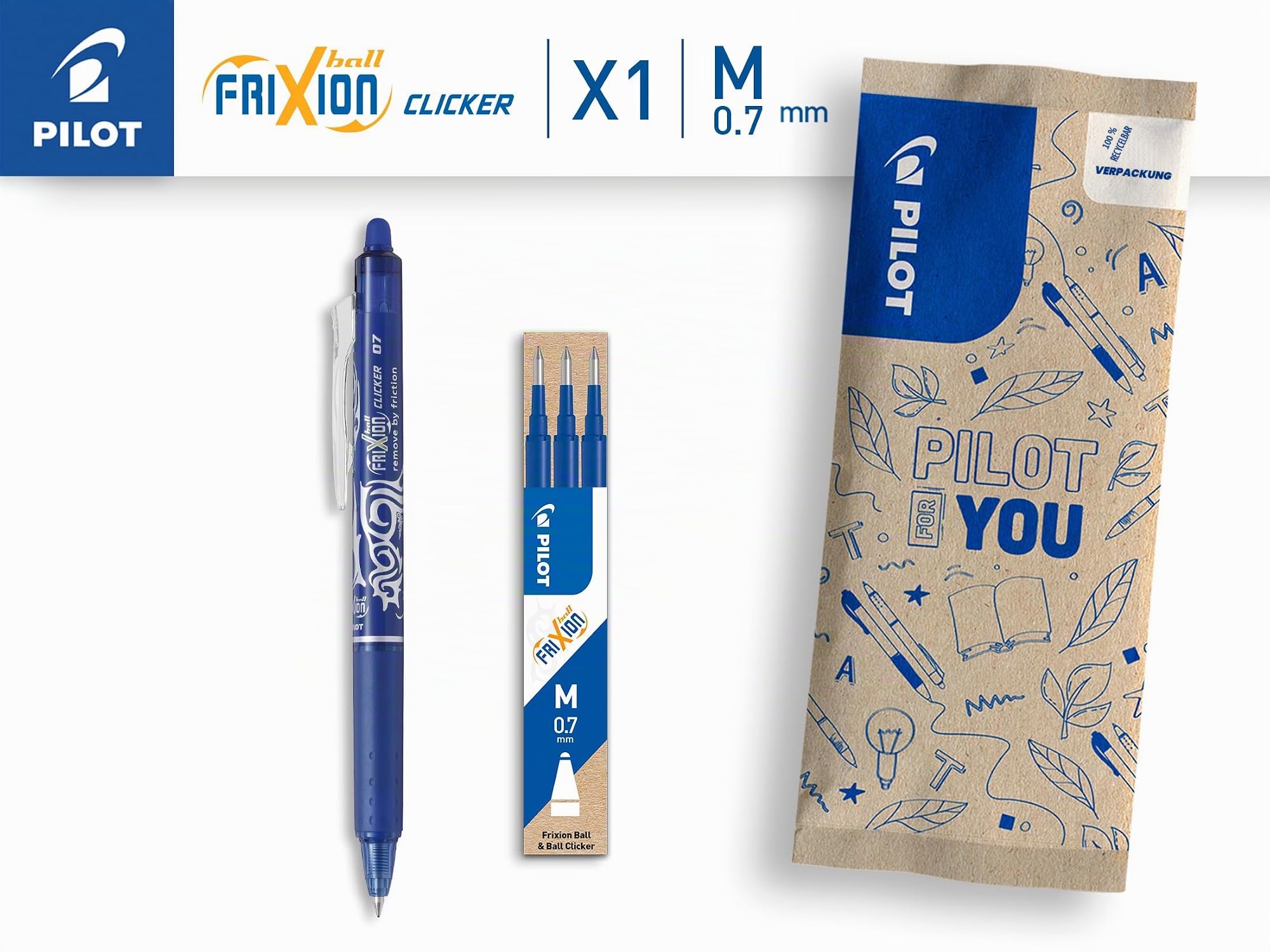 pilot-frixion-ball-clicker-0-7-mm-blau-3-ersatzminen-radierbarer-tintenroller-mi image 2