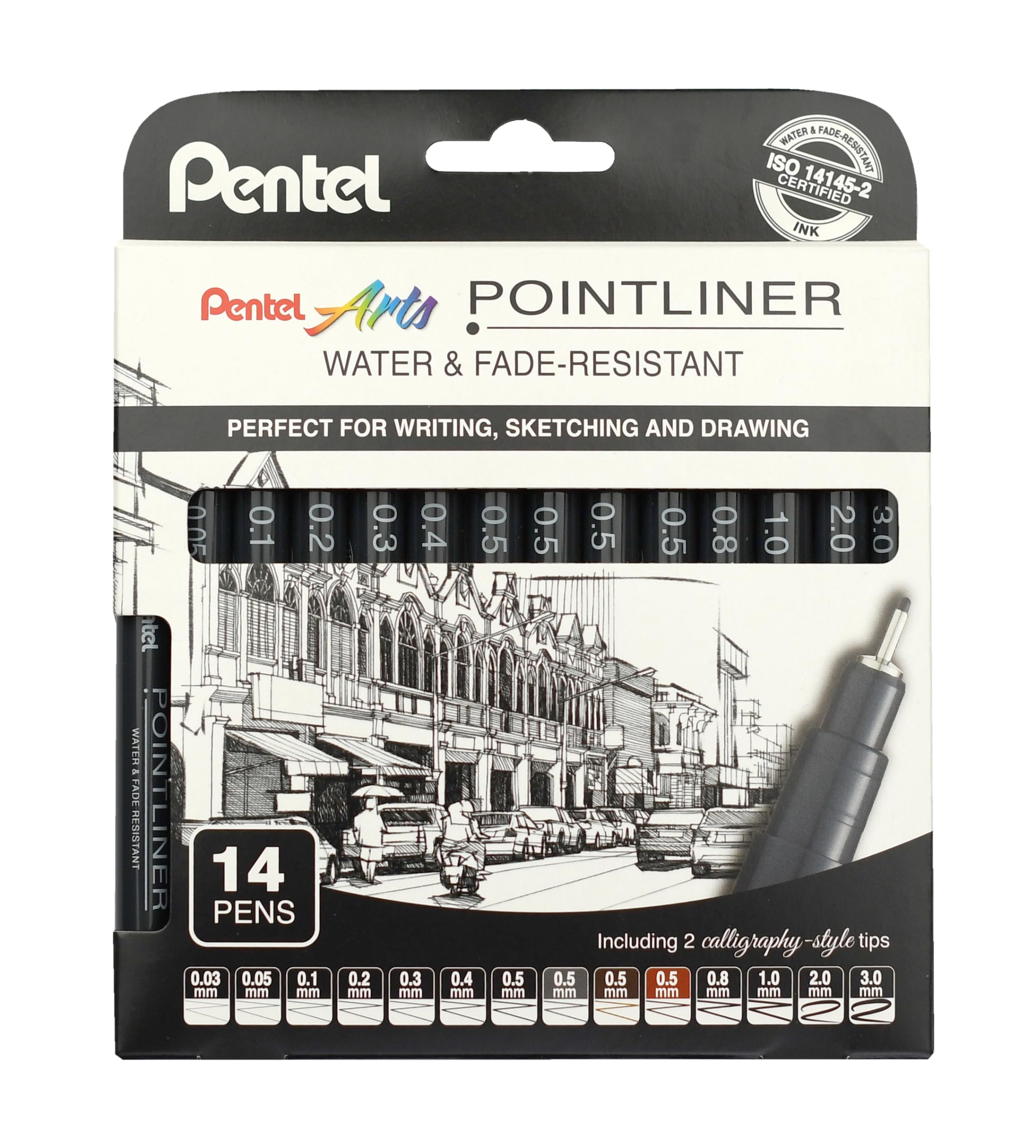 pentel-pointliner-ys20p-14-fineliner-set-14-teilig-schwarz-0-03-3-0-mm-kalligrap image 1