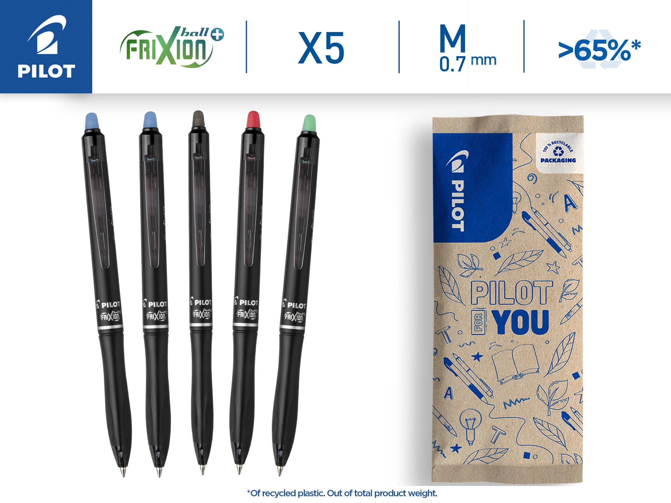 pilot-frixion-ball-plus-5er-set-mix-2x-blau-schwarz-rot-gr-n-0-7-mm image 2
