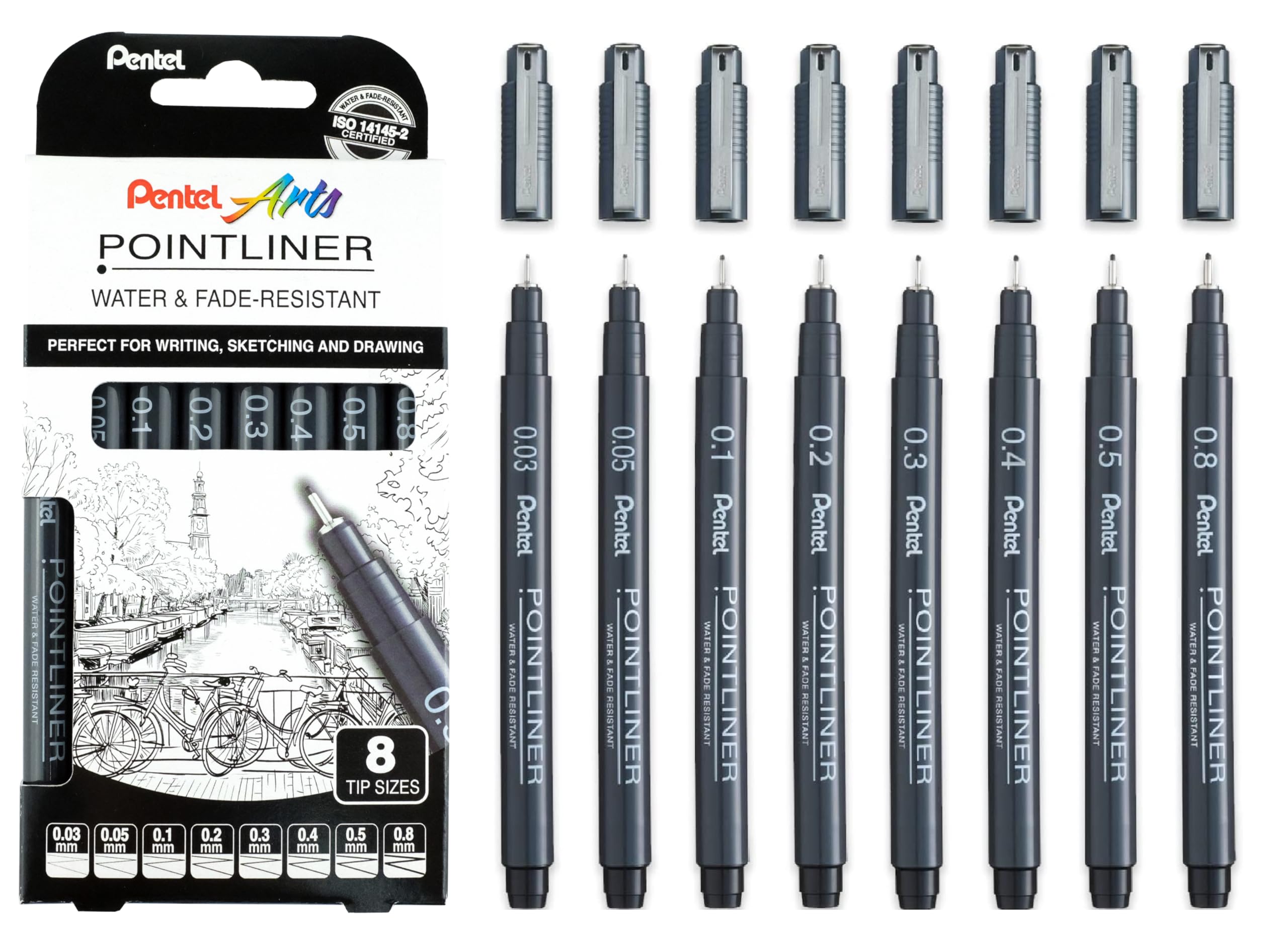 pentel-pointliner-ys20p-8-fineliner-8er-set-schwarz-0-03-0-8-mm image 1