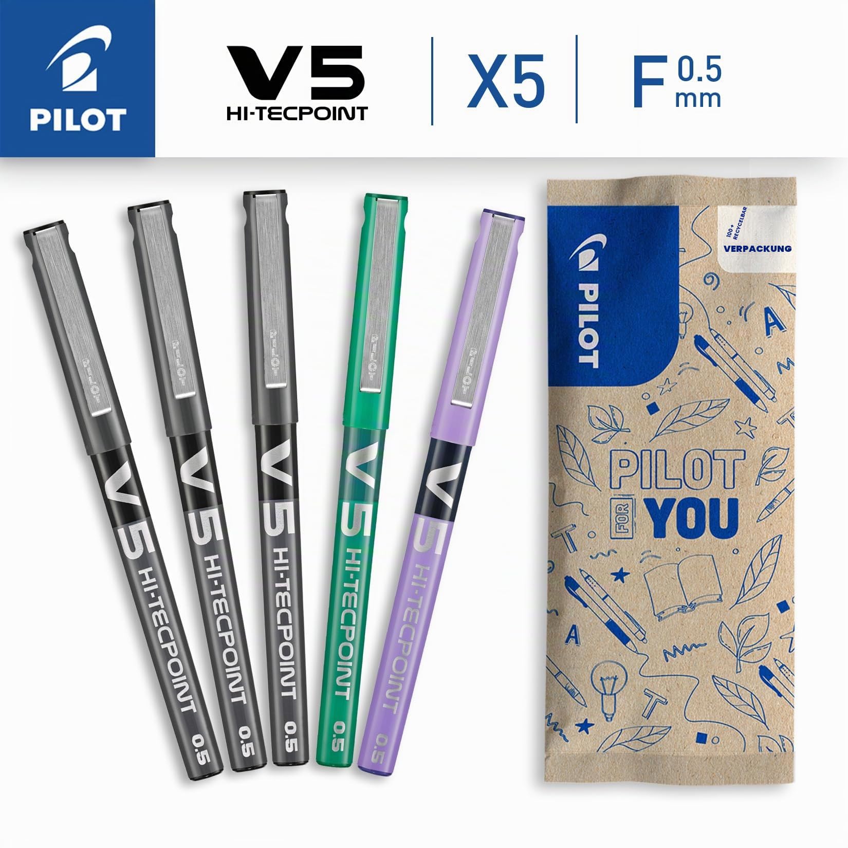 pilot-hi-tecpoint-v5-tintenroller-0-5-mm-5er-set-schwarz-gr-n-lila image 2