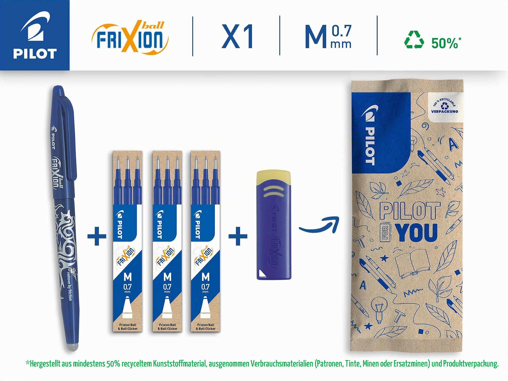 pilot-frixion-ball-0-7-set-blau-1-stift-9-minen-radierer image 2