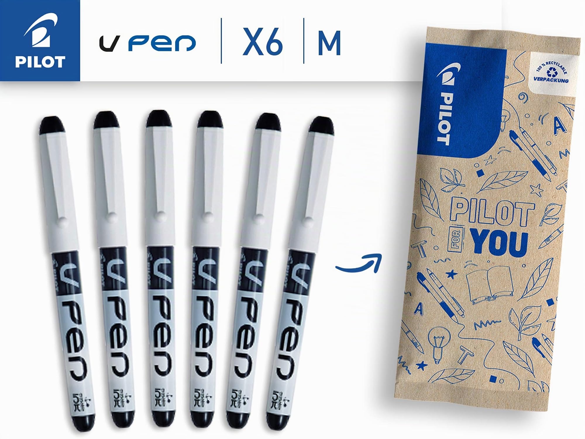 pilot-v-pen-tintenschreiber-m-edelstahlfeder-schwarz-6er-set image 2