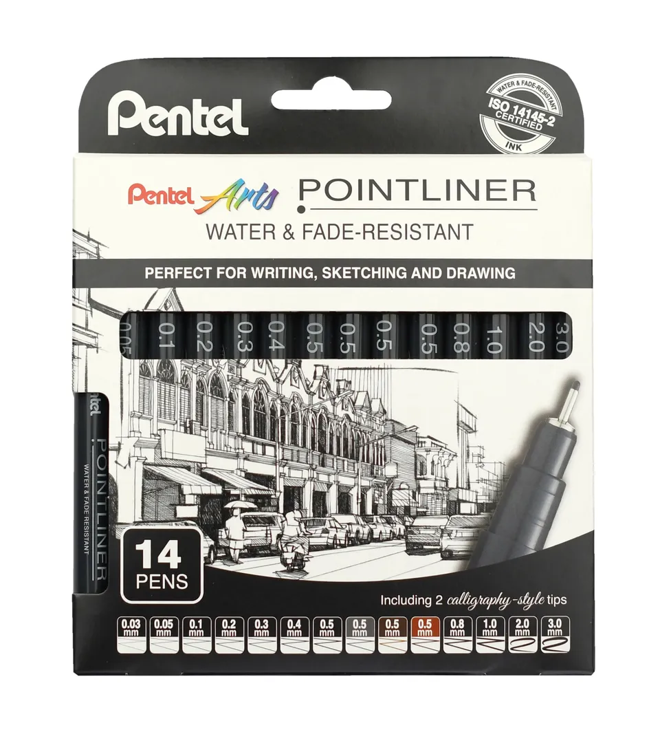 pentel-pointliner-ys20p-14-fineliner-set-14-teilig-schwarz-0-03-3-0-mm-kalligrap image 1