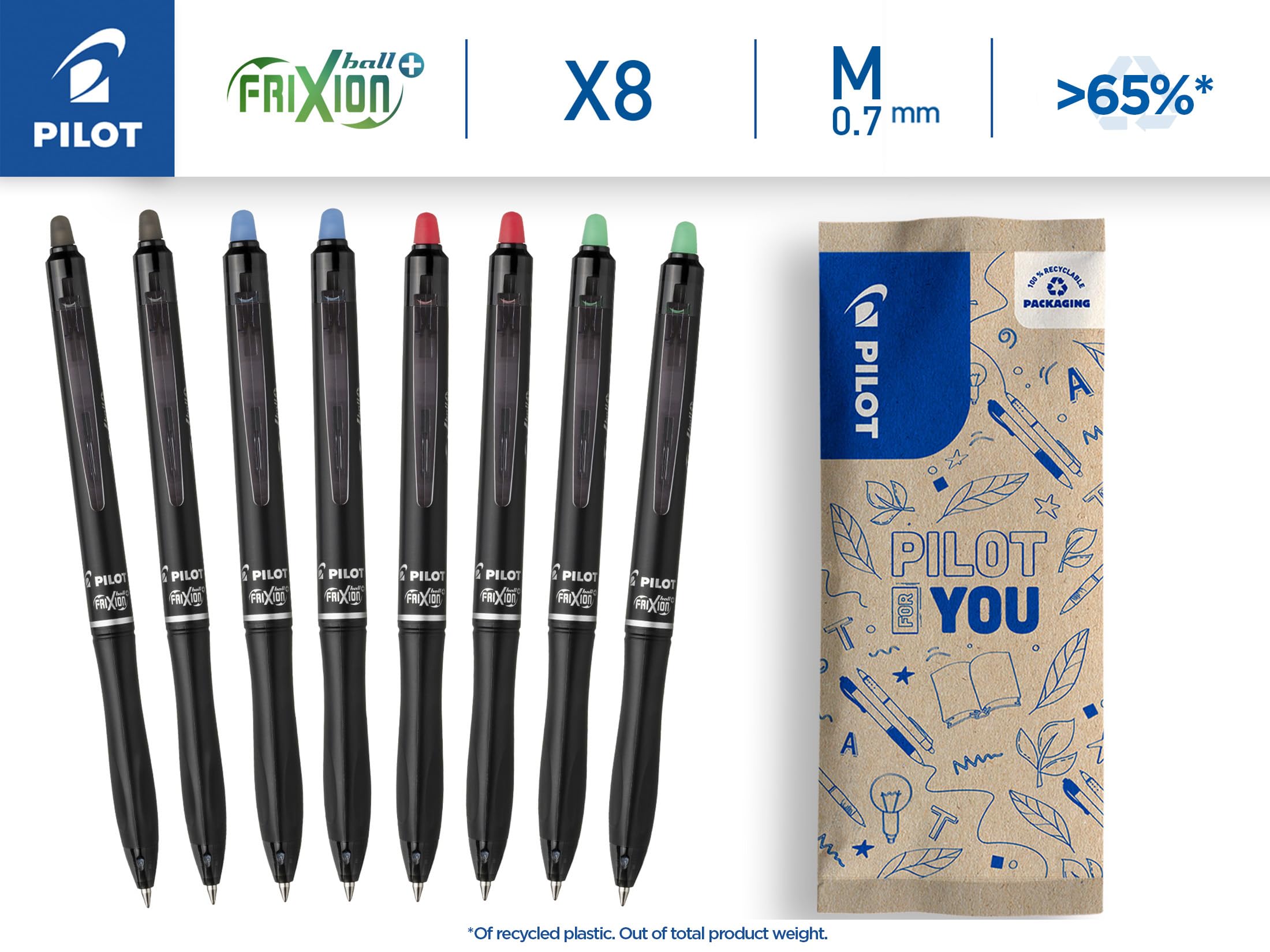 pilot-frixion-ball-plus-8er-set-2x-schwarz-2x-blau-2x-rot-2x-gr-n-0-7-mm image 2