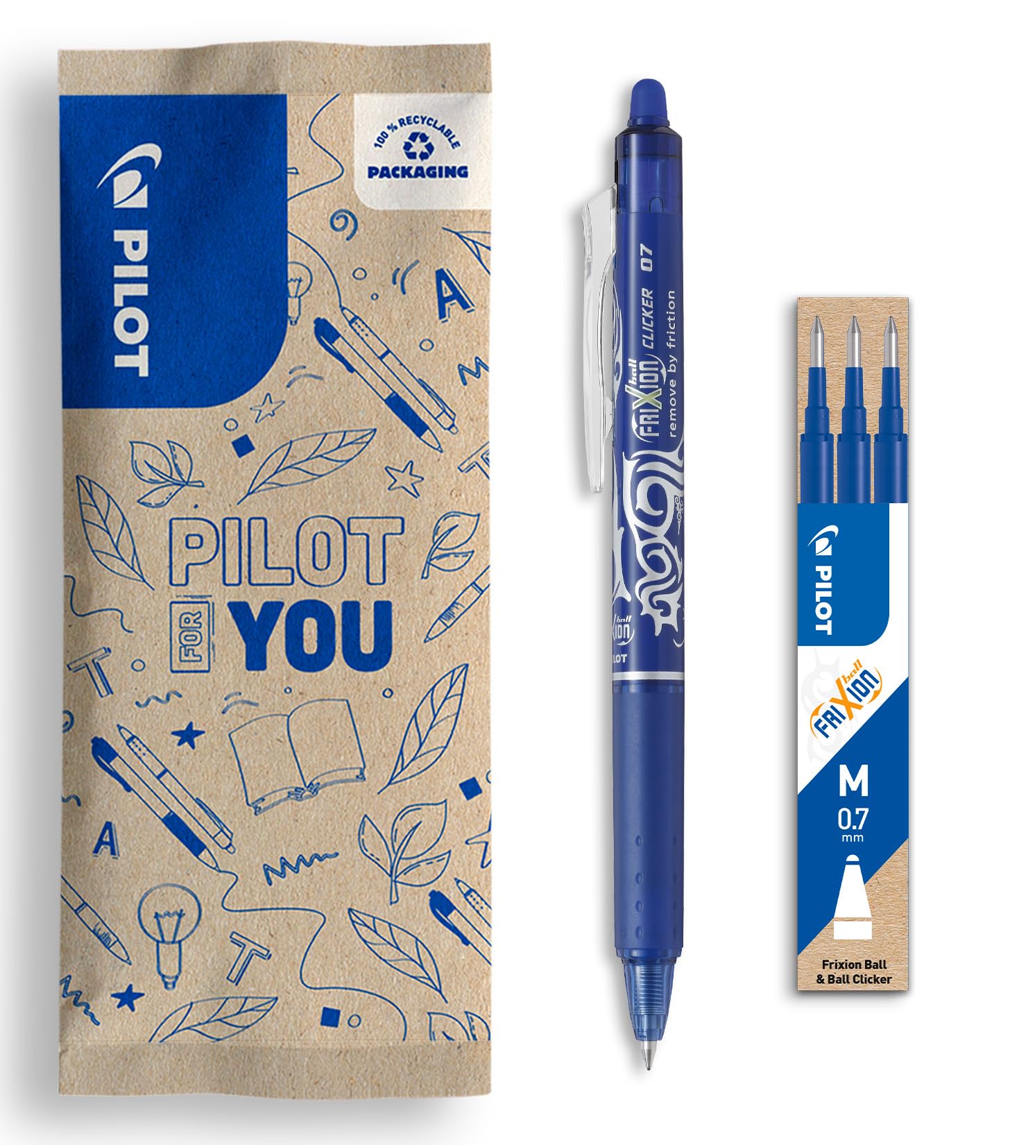 pilot-frixion-ball-clicker-0-7-mm-blau-3-ersatzminen-radierbarer-tintenroller-mi image 1