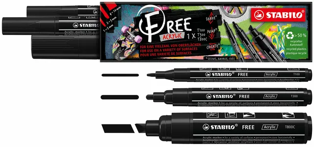 stabilo-free-acrylic-t100-t300-t800c-acrylmarker-3er-pack-schwarz image 1