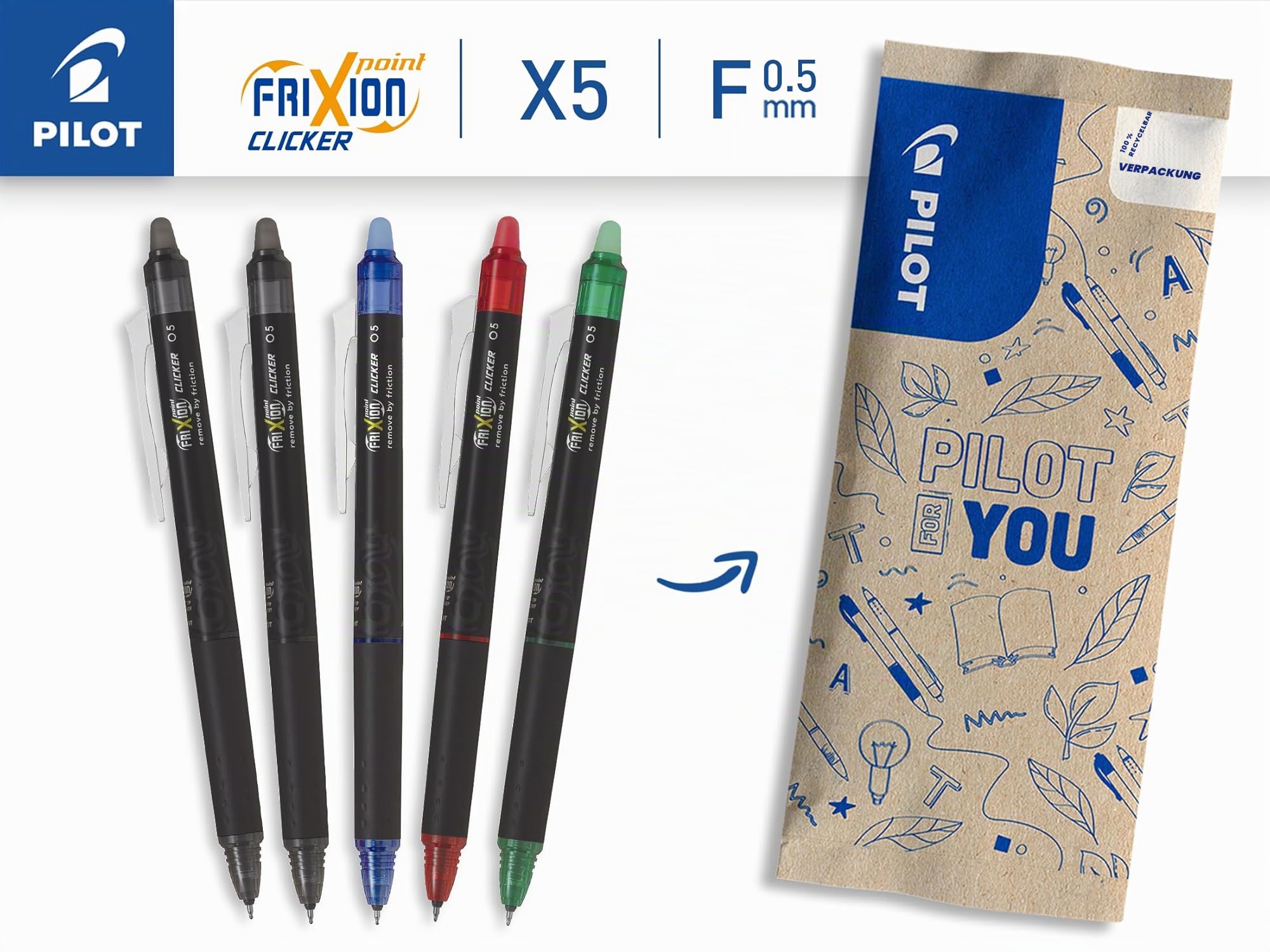 pilot-frixion-point-clicker-tintenroller-0-5-mm-5er-set-2x-schwarz-blau-rot-gr-n image 2