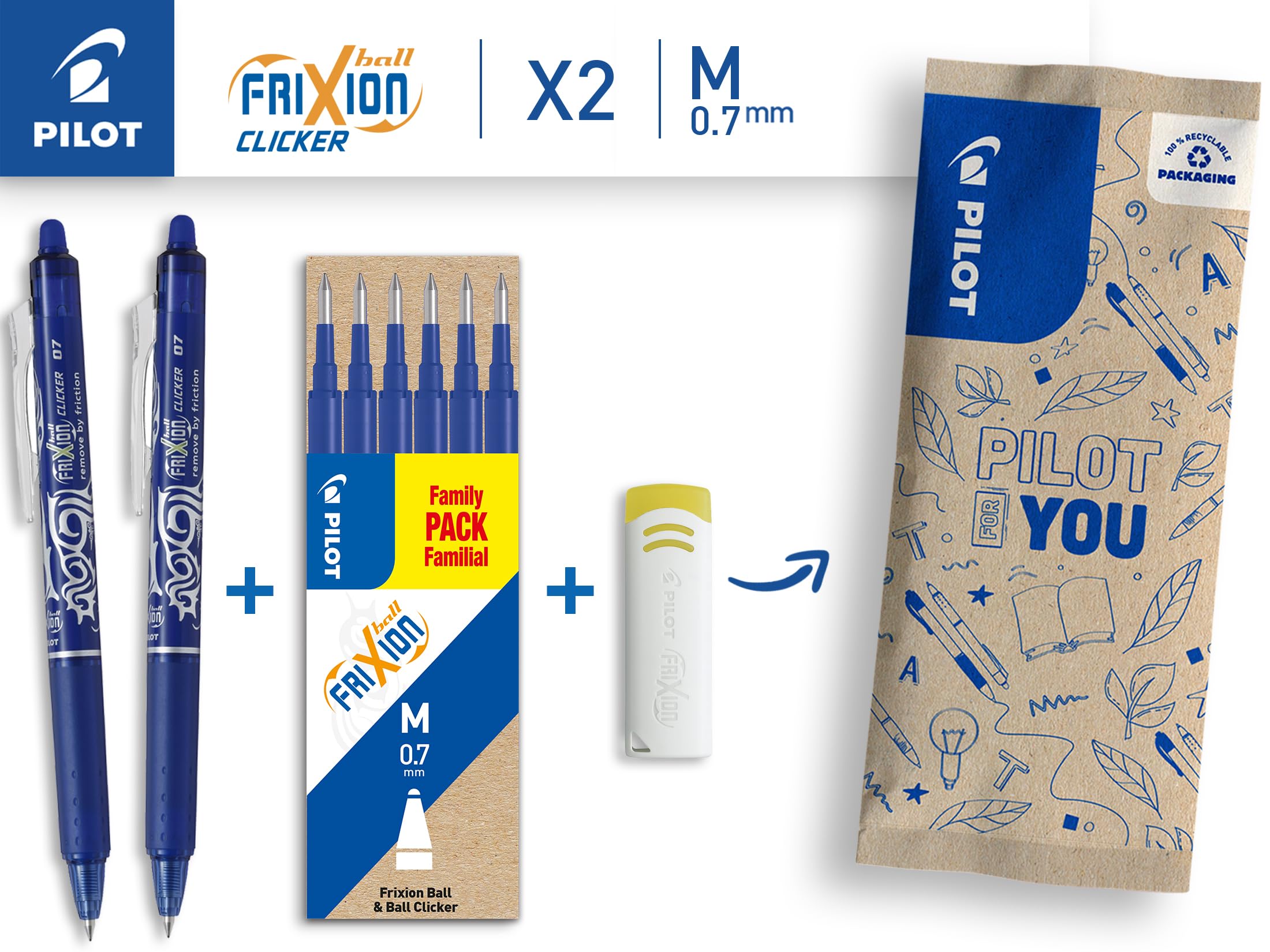 pilot-frixion-clicker-0-7-gel-tintenroller-blau-2-stifte-6-minen-radierer image 2